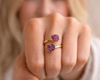 Raw Ruby Open Wrap Ring – Adjustable Gold Ring with Double Red Pink Gemstones – July Birthstone Jewelry, Ruby Jewelry Gift