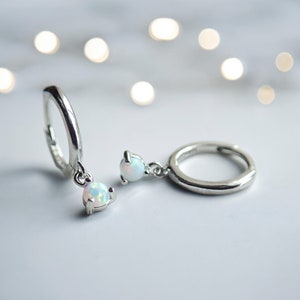 Tiny White Opal Huggie Hoop Earrings, Opal Charm Dangle Hoops, Small Sterling Minimal Hoop, October Birthstone , Opal Jewelry, Gift for Her