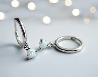 Tiny White Opal Huggie Hoop Earrings, Opal Charm Dangle Hoops, Small Sterling Minimal Hoop, October Birthstone , Opal Jewelry, Gift for Her