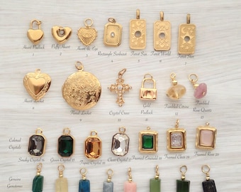 May include: Assortment of gold-tone charms featuring various designs, including hearts, lockets, crystals, and gemstones. The charms are arranged in rows on a white background. The text "Waterproof Charms" is at the top of the image.