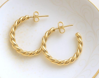 Twisted Gold Waterproof Hoops, Medium Rope Chain Hoops, No Tarnish Earrings, Everyday Minimal Jewelry,Simple Gold Hoop Earring,Gift for Her