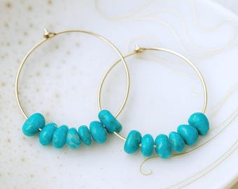 Genuine Turquoise Hoops Earrings, Beaded Turquoise Hoops, Gold Gemstone Hoops, Thin Gold Hoops with Turquoise, Natural Gemstone Gift.