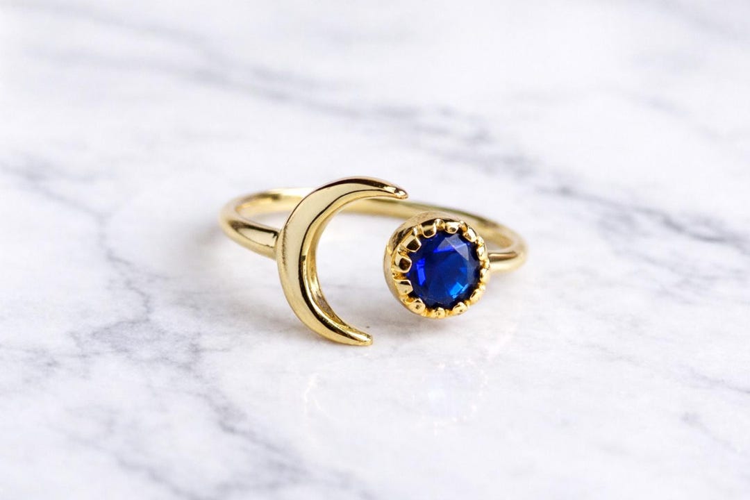 September Rings Sapphire Crescent Moon Ring • September Birthstone Gift, Open Gemstone ...