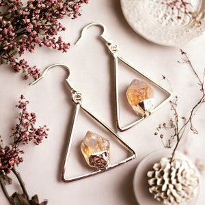 Raw Citrine Dangle Earrings Gold,Natural Gemstone Hanging Earrings, Gift for Scorpios, November Birthstone Jewelry, Triangle Earrings image 1