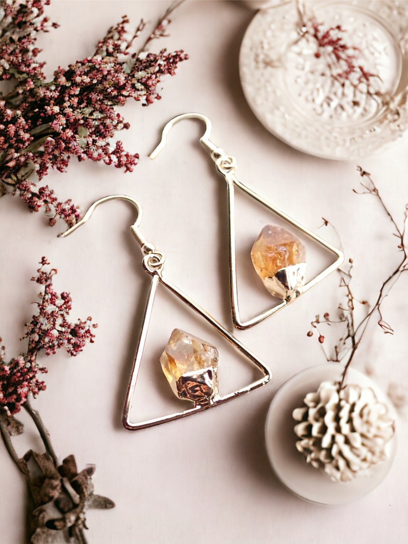 Raw Citrine Dangle Earrings Gold,Natural Gemstone Hanging Earrings, Gift for Scorpios, November Birthstone Jewelry, Triangle Earrings image 1