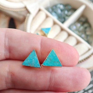 Turquoise Studs Earrings, Triangle Raw Gemstone Earrings, Minimalist Jewelry, December Birthstone, Gold Raw Stone Earrings, Dainty Turquoise image 4