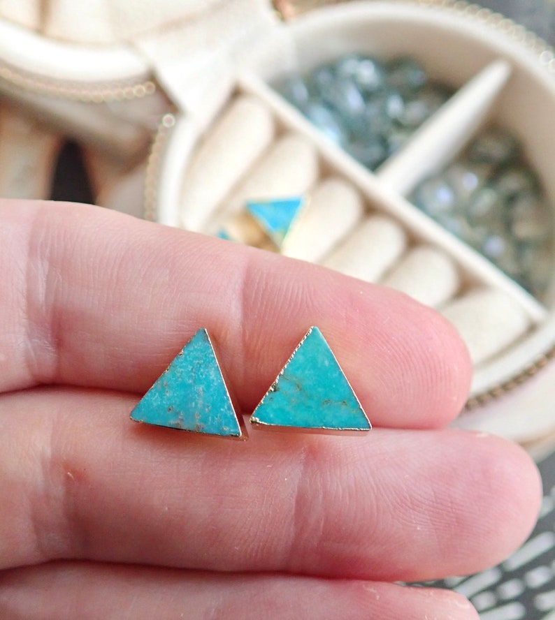 Turquoise Studs Earrings, Triangle Raw Gemstone Earrings, Minimalist Jewelry, December Birthstone, Gold Raw Stone Earrings, Dainty Turquoise image 4