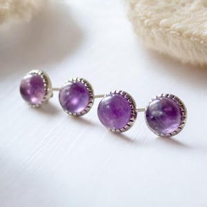 Small Round Amethyst Stud Earrings, Amethyst Jewelry, Purple Gemstone Studs, February Birthstone Gift, Dainty Sterling Silver Earrings,