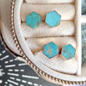 Turquoise Studs Earrings, Turquoise Earrings, Turquoise Jewelry, Raw STone Earrings, Dainty Turquoise Earrings, Genuine Turquoise Hexagons image 5