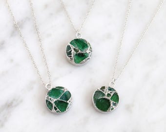 Emerald  Jade Necklace Silver, Green Crystal Coin Pendant, Mojave Gemstone Necklace, May Birthstone Gift for Her, Dainty Minimalist Jewelry