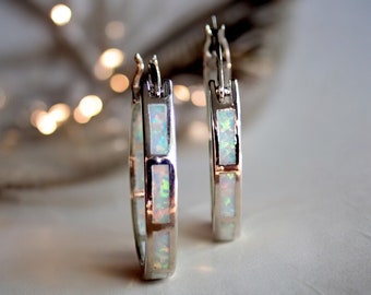 Opal Hoop Earrings Silver, Opal Earrings, Opal Huggie Earrings,Opal Jewelry,October Birthstone Birthday Gift,Opal Hoops,Silver Gemstone Hoop