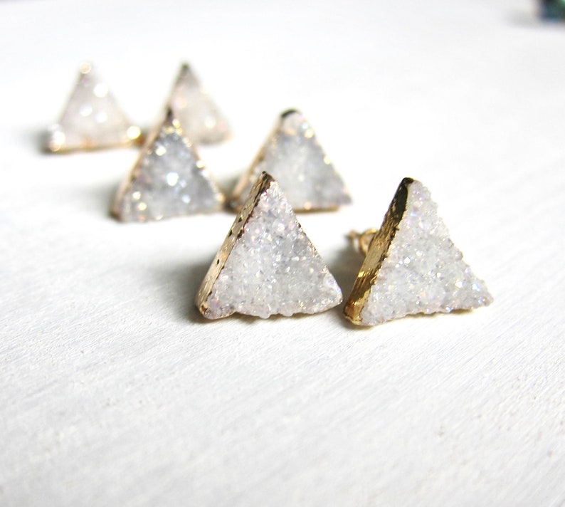 Triangle Stud Earrings, Geometric Post Earrings, Druzy Earrings, Geode Agate Jewelry, White Gray Crystal Earrings, Raw Stone Stud Earrings image 5