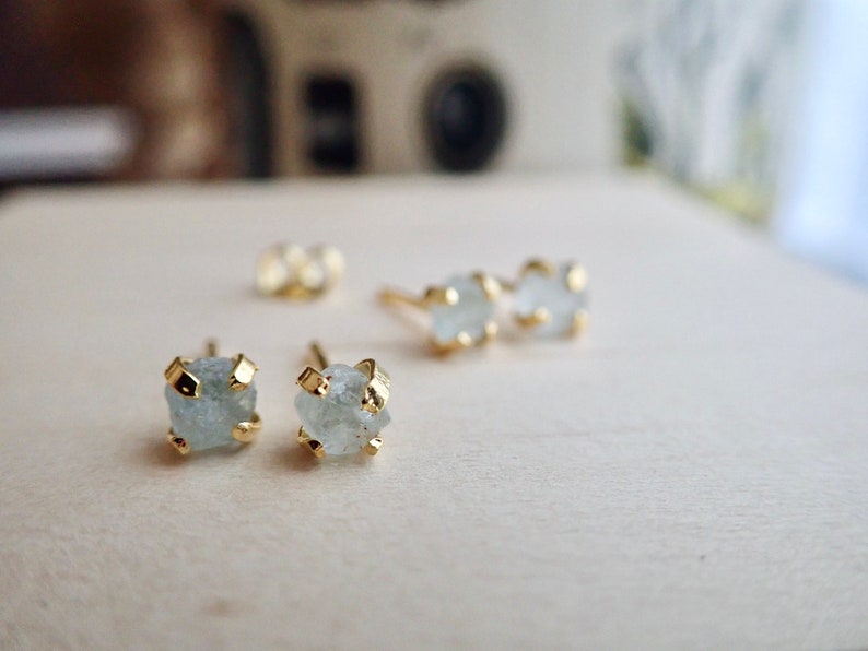 Tiny Aquamarine Birthstone Earrings, Raw Aquamarine Studs, Handmade Birthstone Jewelry, Rough Crystal Earrings, Dainty Gemstone Earrings image 8