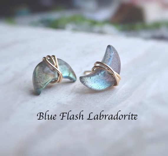 Sterling Silver 14k Gold Plated Half Moon Labradorite Post Stud Earrings Sterling Silver 14k Gold Plated Half Moon Labradorite Post Stud Earrings