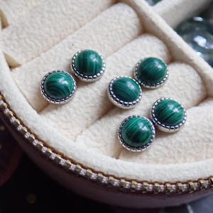 Dainty Malachite Earrings, Malachite Jewelry, Green Gemstone Stud Earrings, Gift for Her, Round Stone Post Earrings, Sterling or 14k Gold