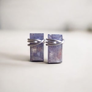 Iolite Gemstone Stud Earrings, Minimal Crystal Bar Earring, Faceted Wire Wrapped Baguette, Iolite Crystal Jewelry,Sterling Silver Studs