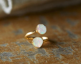 Raw Opal Adjustable Ring – 14k Gold Open Wrap Gemstone Ring | October Birthstone Jewelry | Double Opal Ring ,Gift for Her