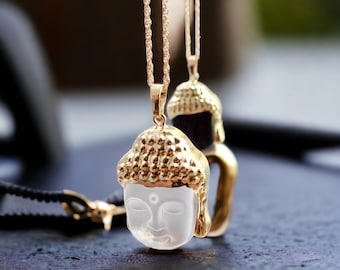 Crystal Buddha Head Necklace, Buddhist Jewelry Gift, Gold Buddha Pendant, Crystal Buddha Necklace, Buddha Charm, Black Buddha Necklace