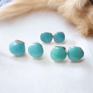 Natural Turquoise Stud Earrings Silver – Raw Gemstone Post Earrings – December Birthstone – Boho Minimalist Gift for Her, Turquoise Jewelry