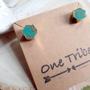 Turquoise Studs Earrings, Turquoise Earrings, Turquoise Jewelry, Raw STone Earrings, Dainty Turquoise Earrings, Genuine Turquoise Hexagons image 6