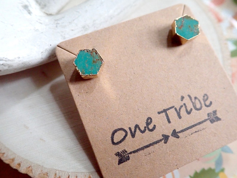 Turquoise Studs Earrings, Turquoise Earrings, Turquoise Jewelry, Raw STone Earrings, Dainty Turquoise Earrings, Genuine Turquoise Hexagons image 6