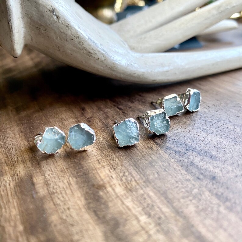 Aquamarine Earrings Silver Aquamarine Stud Earrings Raw - Etsy UK