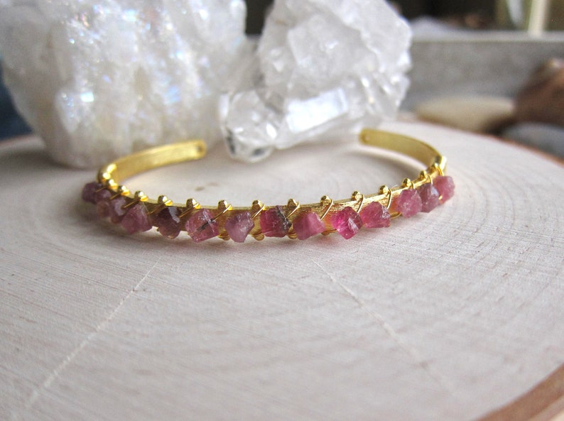 Dainty Gemstone Cuff Bracelet, Pink Tourmaline Bracelet, Natural Gemstone Bangle, Pink Crystal Bracelet, Gift for Gem Lovers, Gift for Girls image 8