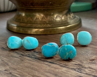 Natural Turquoise Stud Earrings, Turquoise Earrings Silver, Genuine Turquoise Posts, Turquoise Jewelry,December Birthstone,Raw Gemstone Stud