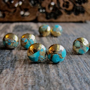 Turquoise Stud Earrings,Turquoise Earrings Gold,Mosaic Turquoise Studs,Raw Stone Earrings,Turquoise Jewelry,Round STone Stud Earrings