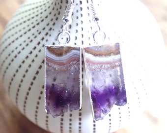 Amethyst Slice Earrings Silver,Gold Purple Geode Earrings, Birthstone Jewelry Gift,Raw Gemstone Dangle Earrings, Purple Stone Earrings