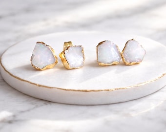 Genuine Raw Opal Studs Gold Vermeil, White Opal Earrings, October Birthstone Earrings, Natural Opal Jewelry, Dainty Gemstone Post Earrings
