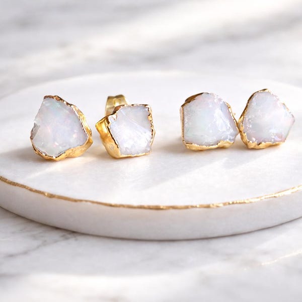 Genuine Raw Opal Studs Gold Vermeil, White Opal Earrings, October Birthstone Earrings, Natural Opal Jewelry, Dainty Gemstone Post Earrings
