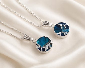 Teal Gemstone Kintsugi Necklace, Round Stone Coin Pendant, Ocean Blue Jewelry, Dainty Minimalist Boho Necklace, Birthday Gift for Her