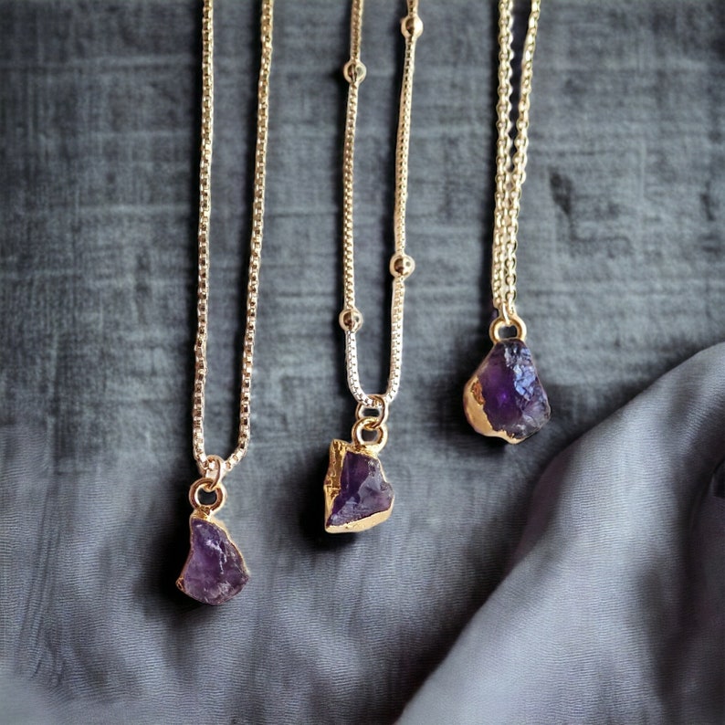 Dainty Raw Amethyst Necklace, Tiny Gemstone Pendant Necklace, Amethyst Jewelry, Gold Edge Gemstone,Gold Fill Chain Necklace,Birthstone Charm image 5