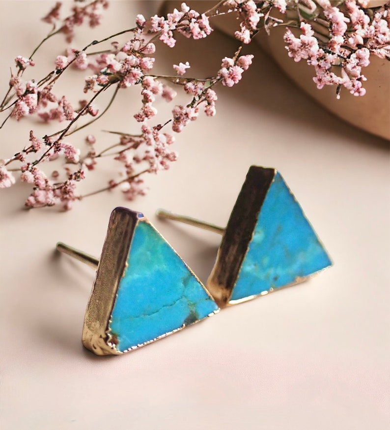 Turquoise Studs Earrings, Triangle Raw Gemstone Earrings, Minimalist Jewelry, December Birthstone, Gold Raw Stone Earrings, Dainty Turquoise image 5