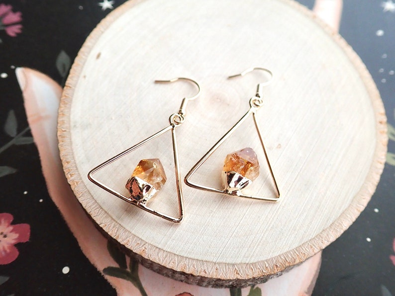 Raw Citrine Dangle Earrings Gold,Natural Gemstone Hanging Earrings, Gift for Scorpios, November Birthstone Jewelry, Triangle Earrings image 8