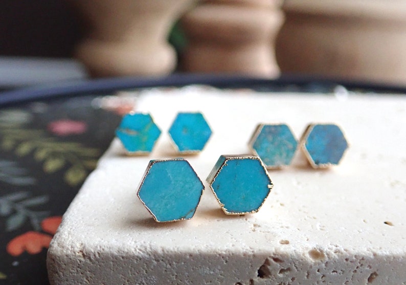 Turquoise Studs Earrings, Turquoise Earrings, Turquoise Jewelry, Raw STone Earrings, Dainty Turquoise Earrings, Genuine Turquoise Hexagons image 9