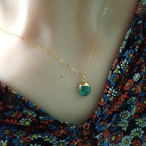 Peut inclure: Un collier dor&eacute; avec un petit pendentif turquoise. Le pendentif est orn&eacute; d'un capuchon dor&eacute;. Le collier est port&eacute; sur un haut &agrave; motifs floraux.