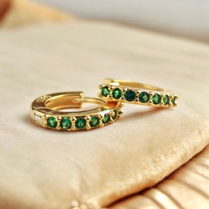 Emerald Huggie Hoops Gold, Small Gemstone Hoops, Dainty Green Crystal Huggies, Gold Sleeper Hoops,Crystal Stacking Hoops,May Birthstone Gift