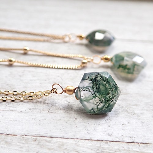 Moss Agate Necklace, Green Crystal Necklace, Dainty Gemstone Pendant, Moss Agate Jewelry, Raw Crystal Hexagon Gold Fill Chain, Gift for Her