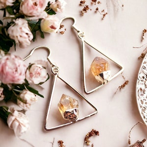 Raw Citrine Dangle Earrings Gold,Natural Gemstone Hanging Earrings, Gift for Scorpios, November Birthstone Jewelry, Triangle Earrings image 7