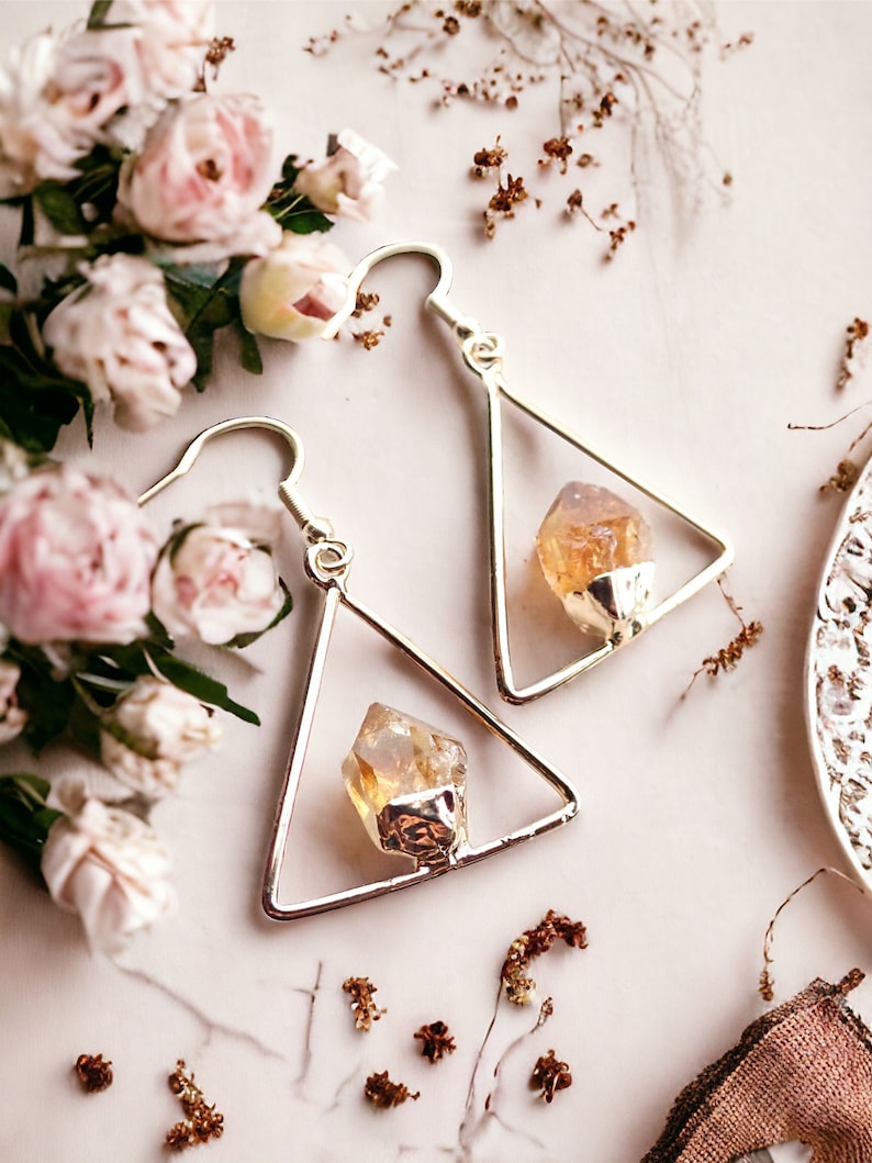 Raw Citrine Dangle Earrings Gold,Natural Gemstone Hanging Earrings, Gift for Scorpios, November Birthstone Jewelry, Triangle Earrings image 7