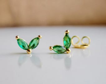 Tiny Emerald Stud Earrings, Green Crystal Studs, Small Dainty Stud Earrings, Second Piercing Studs, Minimalist Earrings, Gift for Her