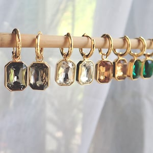Gold Hoop Crystal Dangle Earrings, Chunky Gemstone Charm Hoop Earrings,Crystal Drop Huggie Hoops,Emerald Cut Baguette, Topaz Emerald Smoky