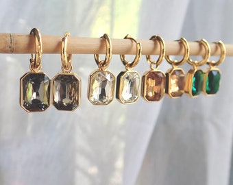 Gold Hoop Crystal Dangle Earrings, Chunky Gemstone Charm Hoop Earrings,Crystal Drop Huggie Hoops,Emerald Cut Baguette, Topaz Emerald Smoky