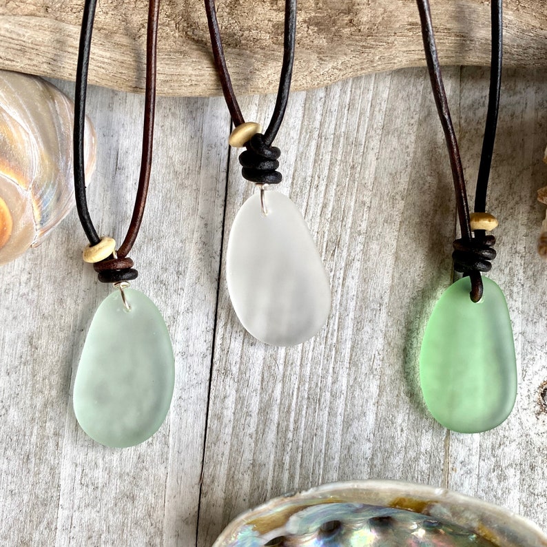 Sea Glass Necklace Beach Glass Necklace Mens Leather Etsy