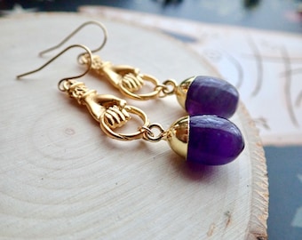 Amethyst Drop Earrings, Raw Crystal Earrings, Gold Amethyst Earrings,Figa Earrings,Handmade Jewelry Gift,Mano Figa Earrings,Amethyst Jewelry