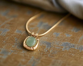 Natural Green Aventurine Pendant Necklace, Green Crystal Necklace, Dainty Gemstone Pendant, 18K Gold Fill Snake Chain,Jewelry Gift for Her