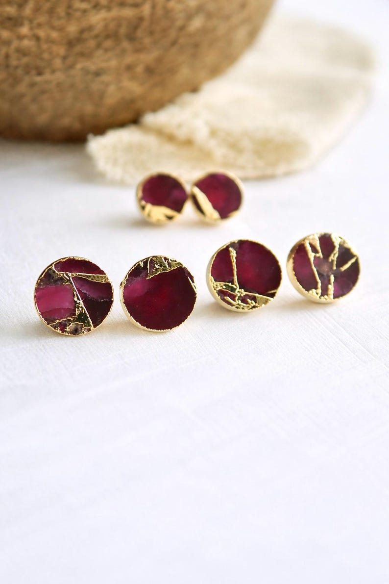 Berry Garnet Mojave Stud Earrings – Round Gemstone Studs with Gold Veining | Boho Minimalist Jewelry, January Birthstone Gift for Her Gold