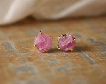 Raw Ruby Stud Earrings | Rough Ruby Earrings | July Birthstone Gift | Natural Pink Gemstone Post Earrings, Ruby Jewelry | Boho Gold Studs